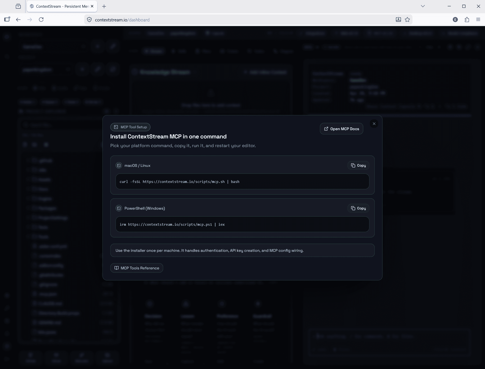 ContextStream dashboard — MCP install instructions for Claude Code, Cursor, Codex, Cline, Windsurf