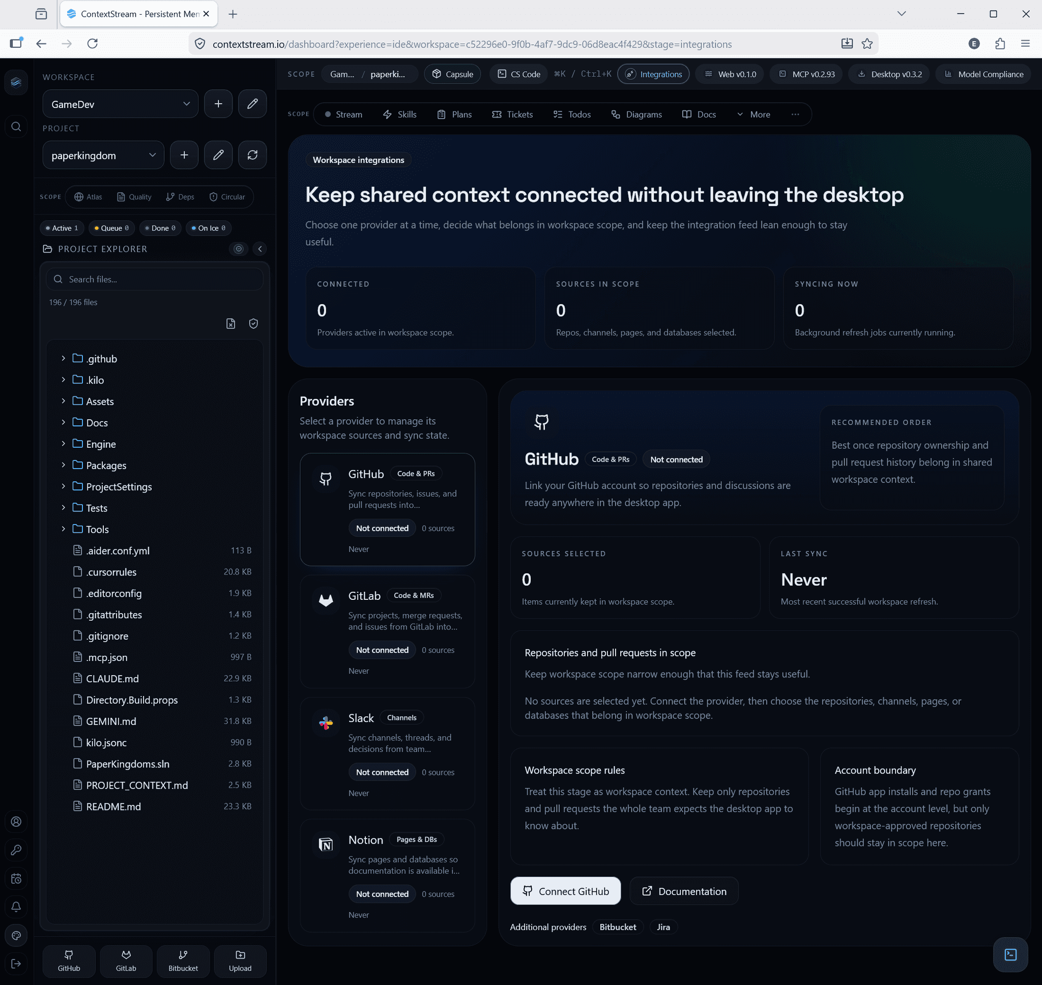 ContextStream dashboard — integrations and Capsule sources