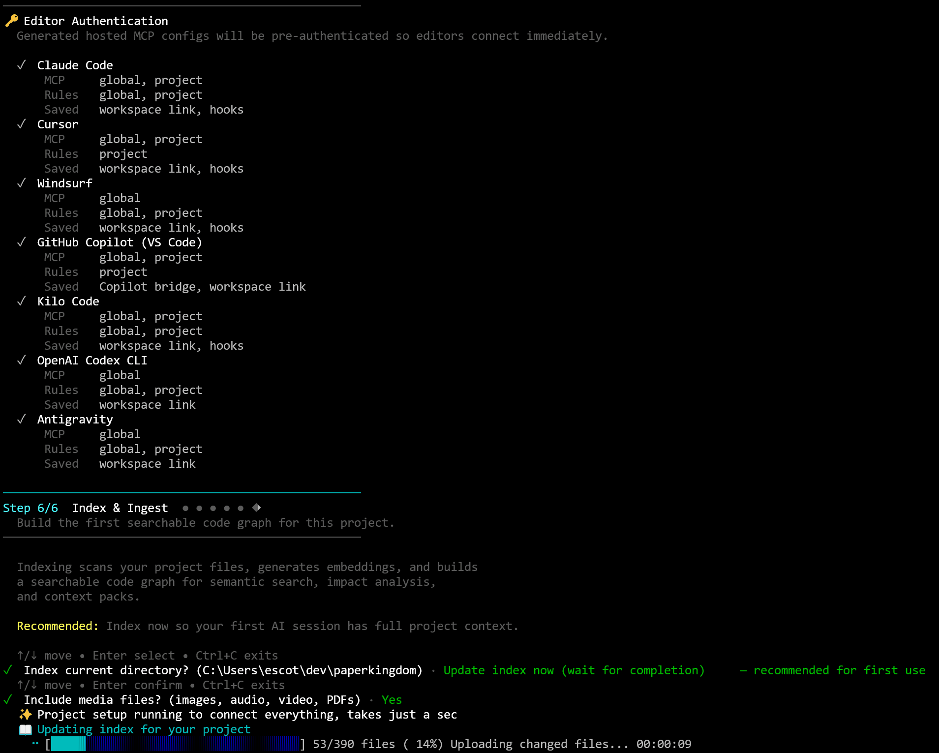 ContextStream setup wizard — workspace, project, and indexing steps